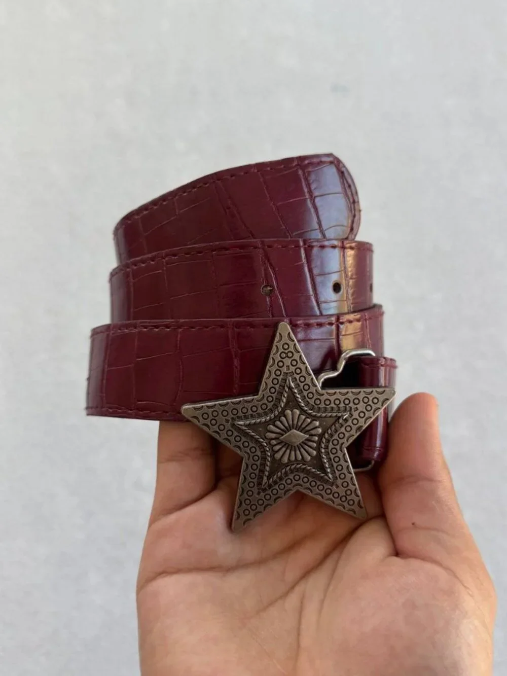 Burgundy Croc Embossed Western Star Belt